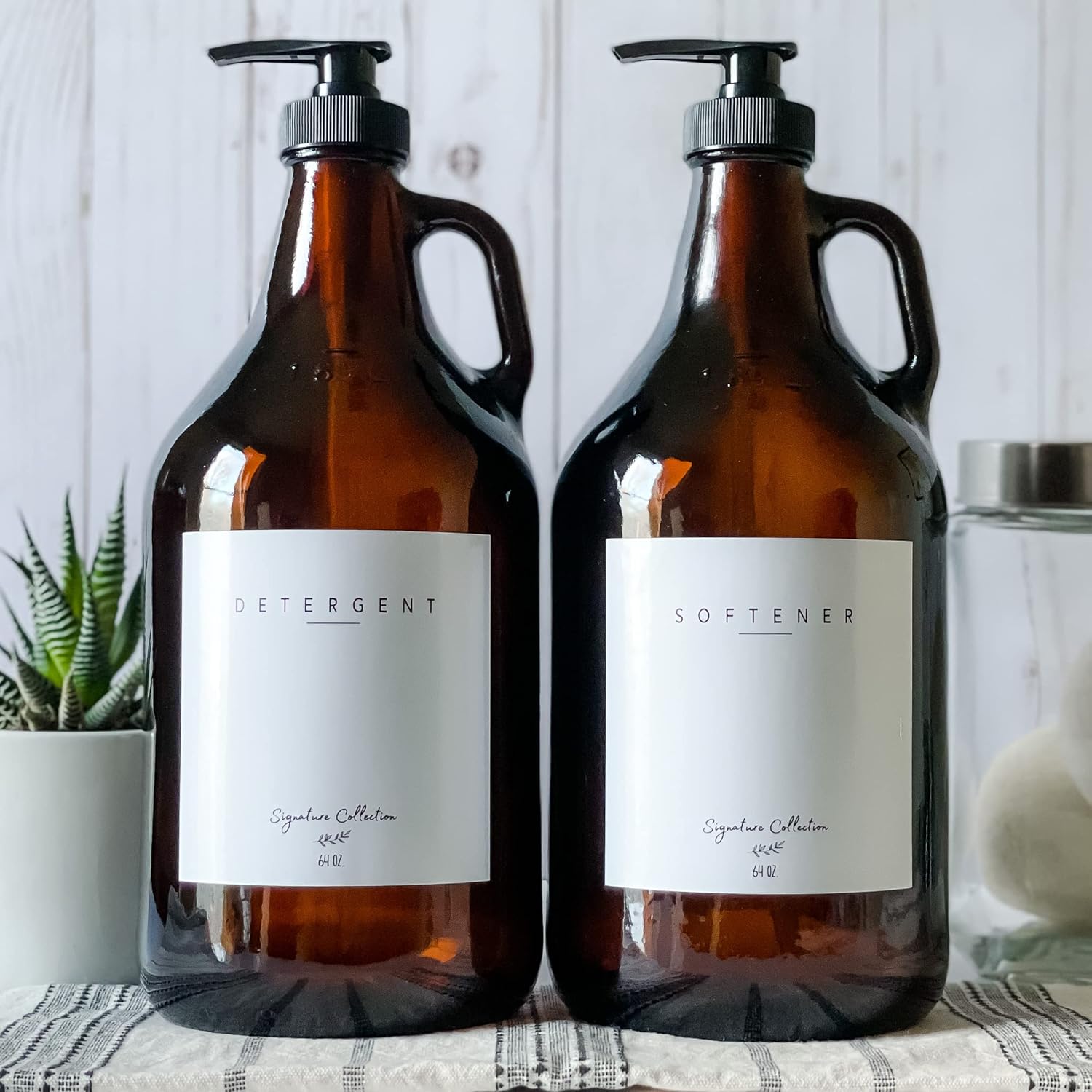 Laundry Detergent Dispenser for Laundry Room - Two Half Gallon Amber Glass Jugs, Fabric Softener Dispenser, Liquid Laundry Soap Dispenser and Bleach - 64 oz. Black Commercial Liquid Pump Dispenser