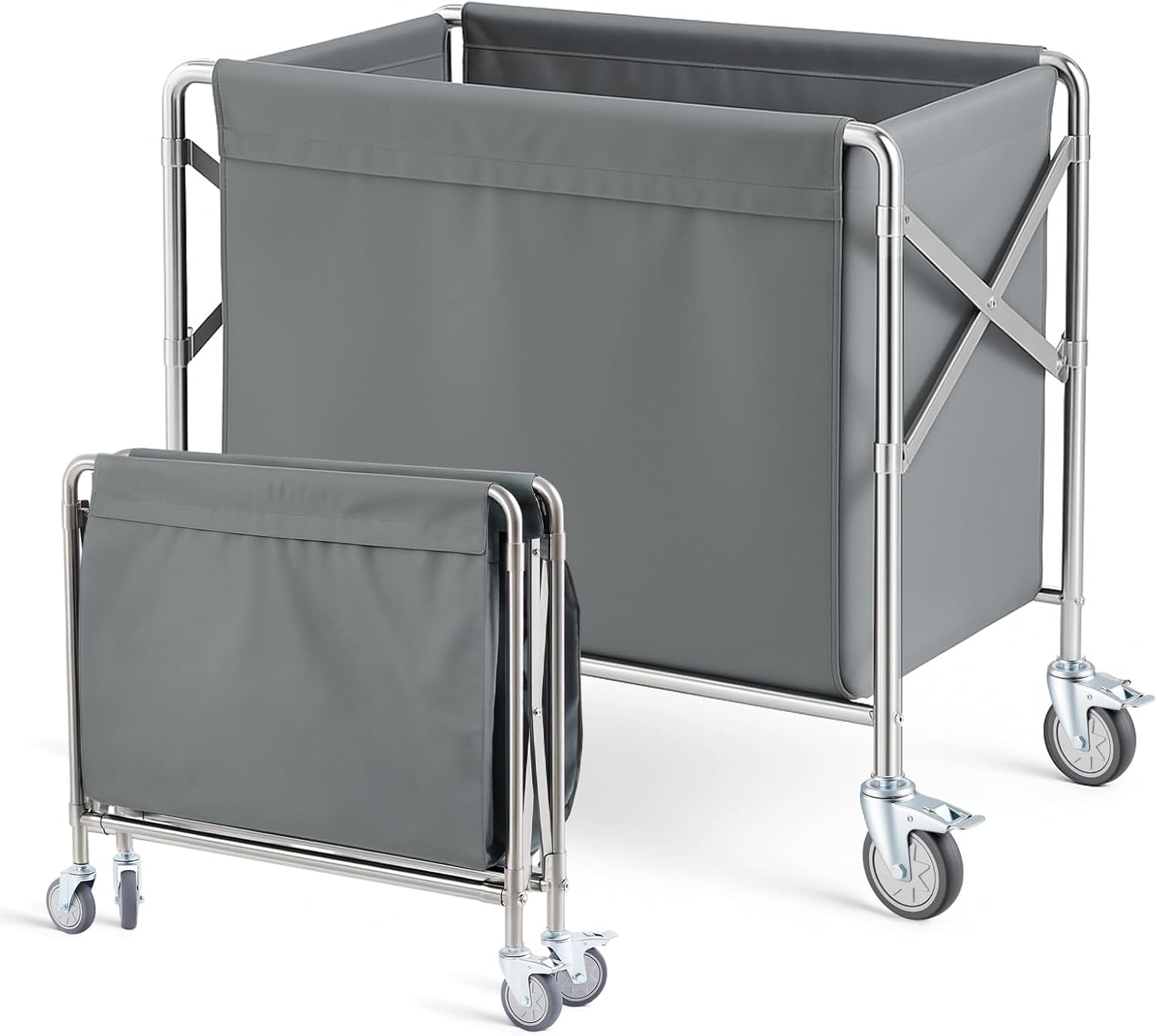 Collapsible Laundry Cart with Wheels, 12 Bushel (400L) Commercial Hamper Basket Large Heavy Duty Rolling Laundry Basket for Home Organizer Storage, Foldable Truck, Gray