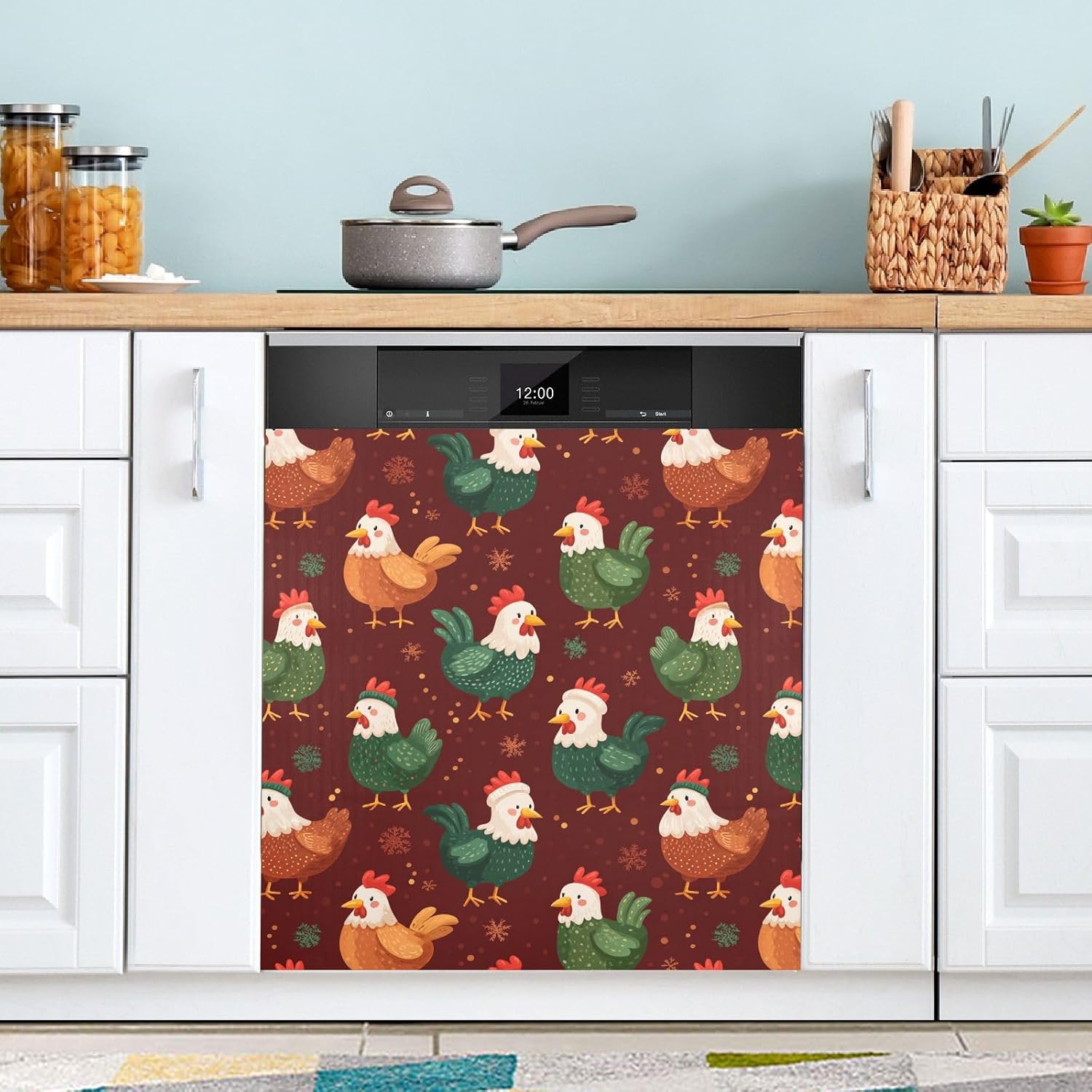 Pfrewn Christmas Winter Magnetic Dishwasher Cover Xmas Christmas Rooster Hen Fridge Door Covers Kitchen Decal Vinyl Panel Decorative Refrigerator Laundry Appliances 23x26in