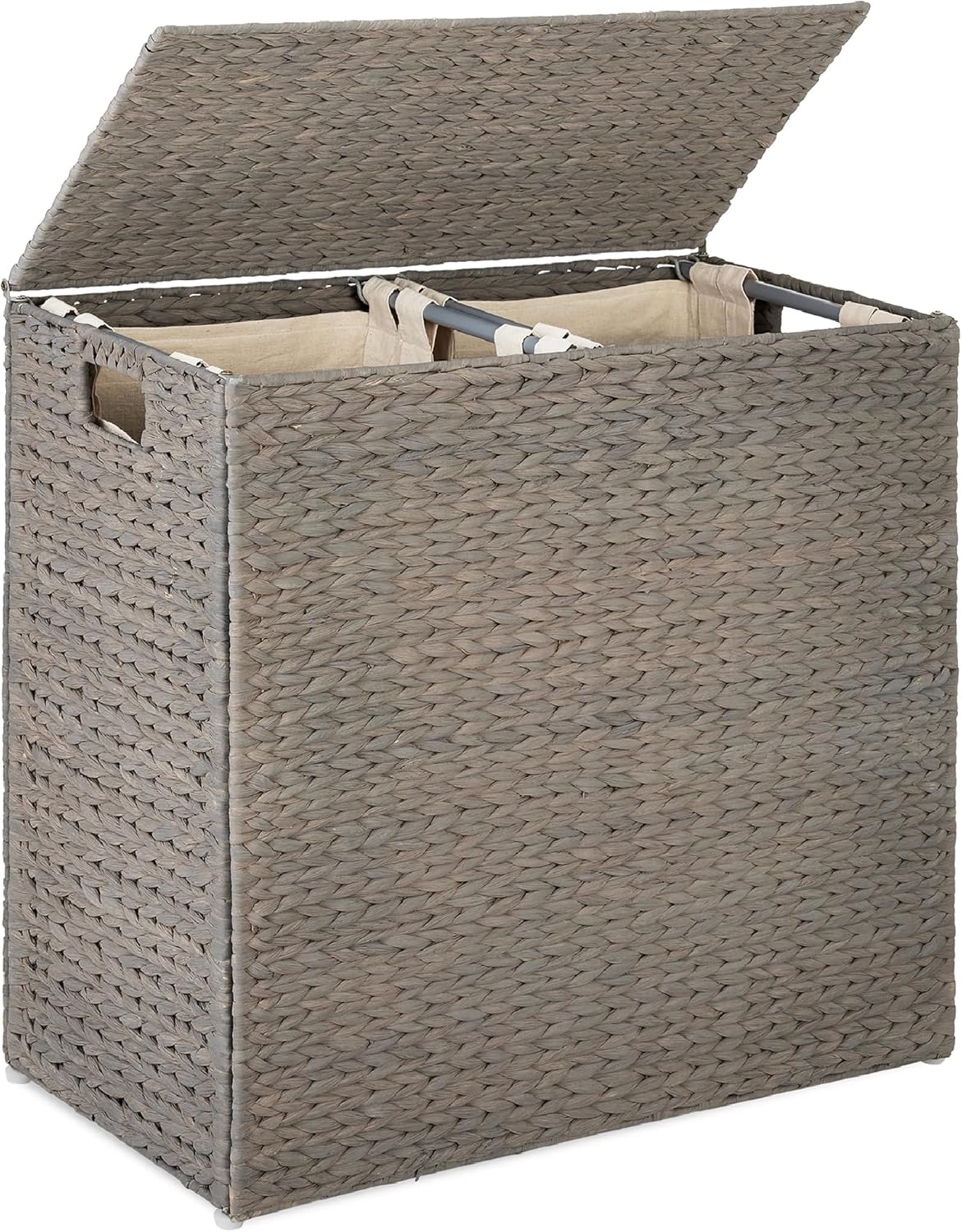 Best Choice Products Large Double Laundry Hamper with Lid, Natural Handwoven Water Hyacinth, 2 Sections w/ 2 Machine Washable Linen Liner Bags, Portable, Handles - Gray