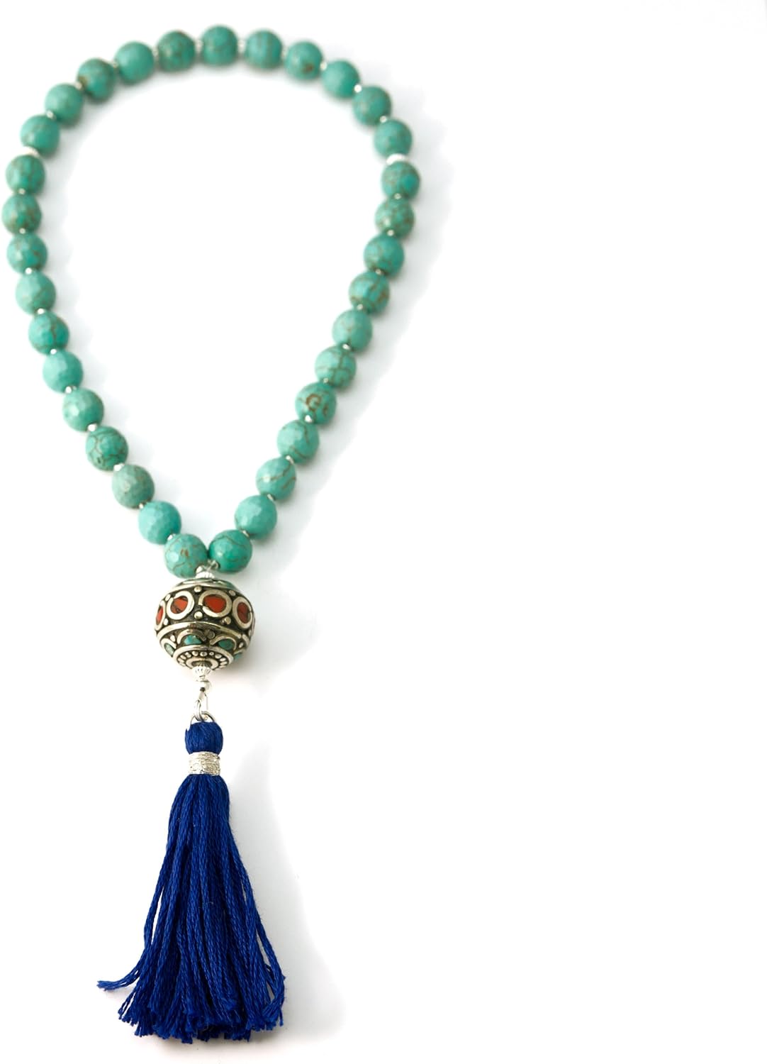 33 Magnesite Tasbih Muslim Prayer Beads with Nepalese Bead and Blue Tassel