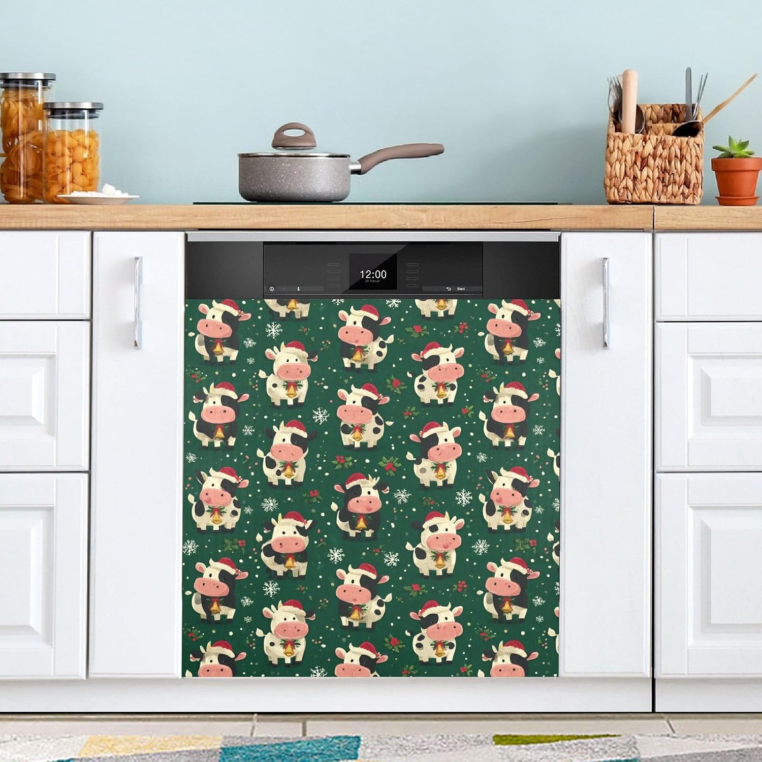 Pfrewn Christmas Winter Magnetic Dishwasher Cover Christmas Cows Green Fridge Door Covers Kitchen Decal Vinyl Panel Decorative Refrigerator Laundry Appliances 23x26in