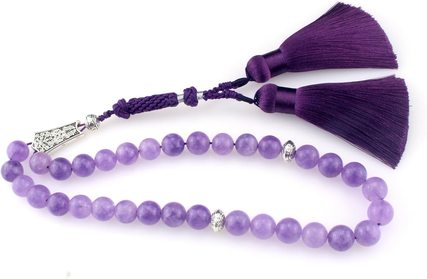 Muslims Islamic Dhikr 33 Tasbeeh Tasbih Prayer Beads, Purple Jade Stone Beads with Tassel
