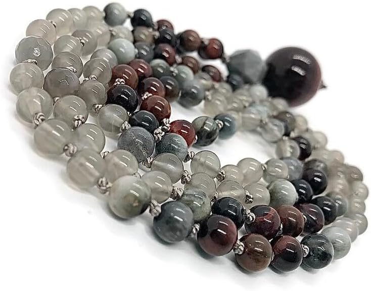 Grey Moonstone, Red and Grey Tiger Eye Stone Mala Beads, 108 Mala Necklace, Knotted Mala, WWG Necklace, Yoga Jewelry Meditation Beads Spiritual Jewelry Boho Jewelry
