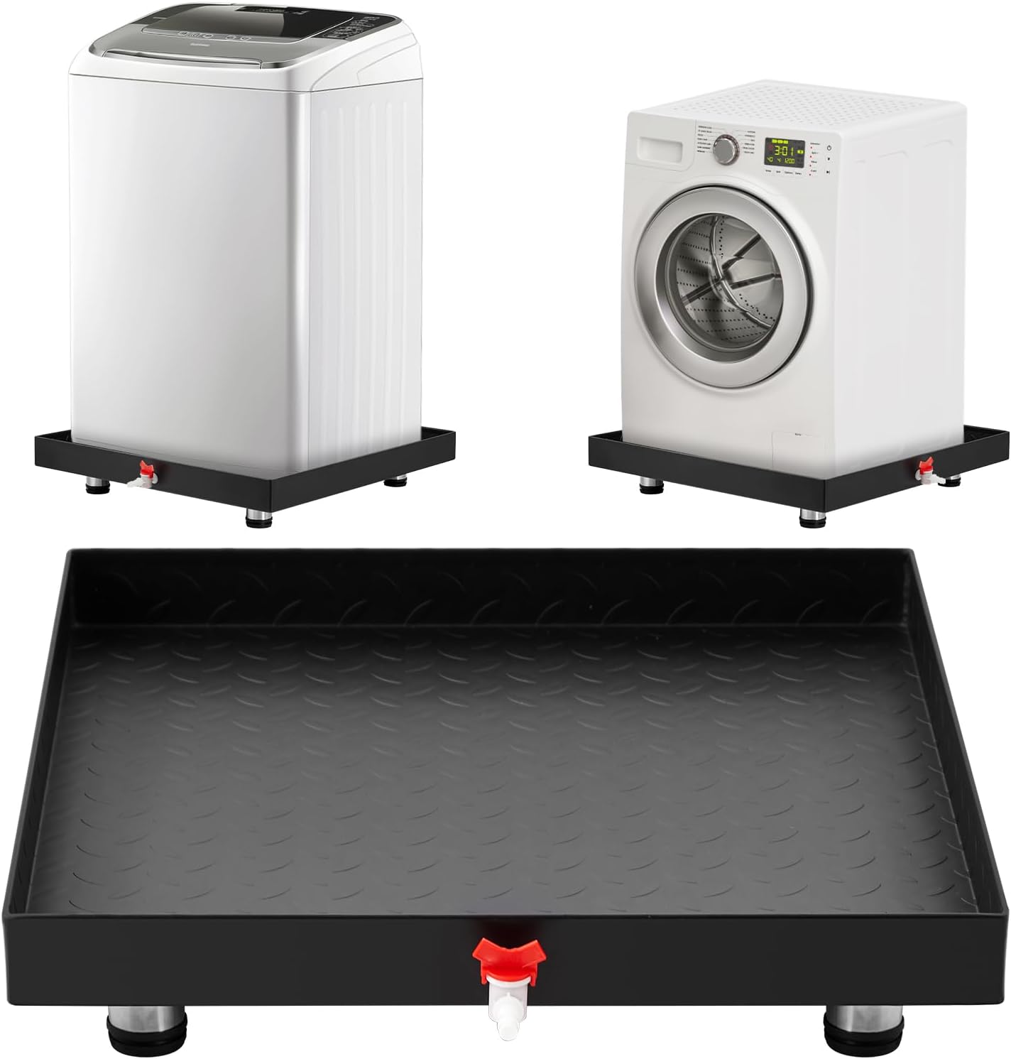 GarveeTech 2025 NEW Heavy-Duty Carbon Steel Washing Machine Pan with Connector & Hole - 27 in x 25 in × 2 in Rust-Free Water, with 4 Anti-Vibration Feet, Protects Floor From Water Damage Protection