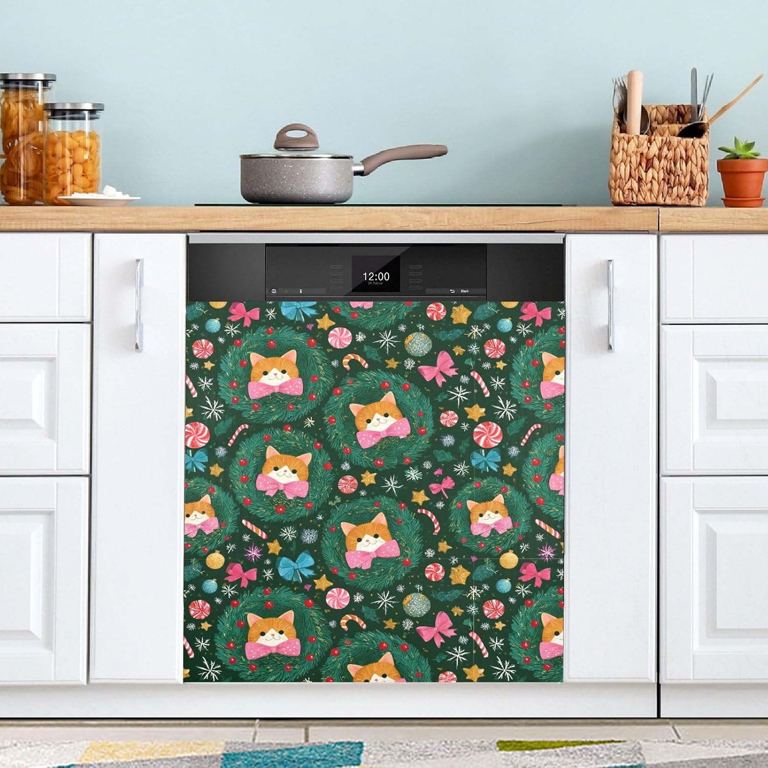 Pfrewn Christmas Winter Magnetic Dishwasher Cover Christmas Cute Cats Kitten Kitty (3) Fridge Door Covers Kitchen Decal Vinyl Panel Decorative Refrigerator Laundry Appliances 23x26in