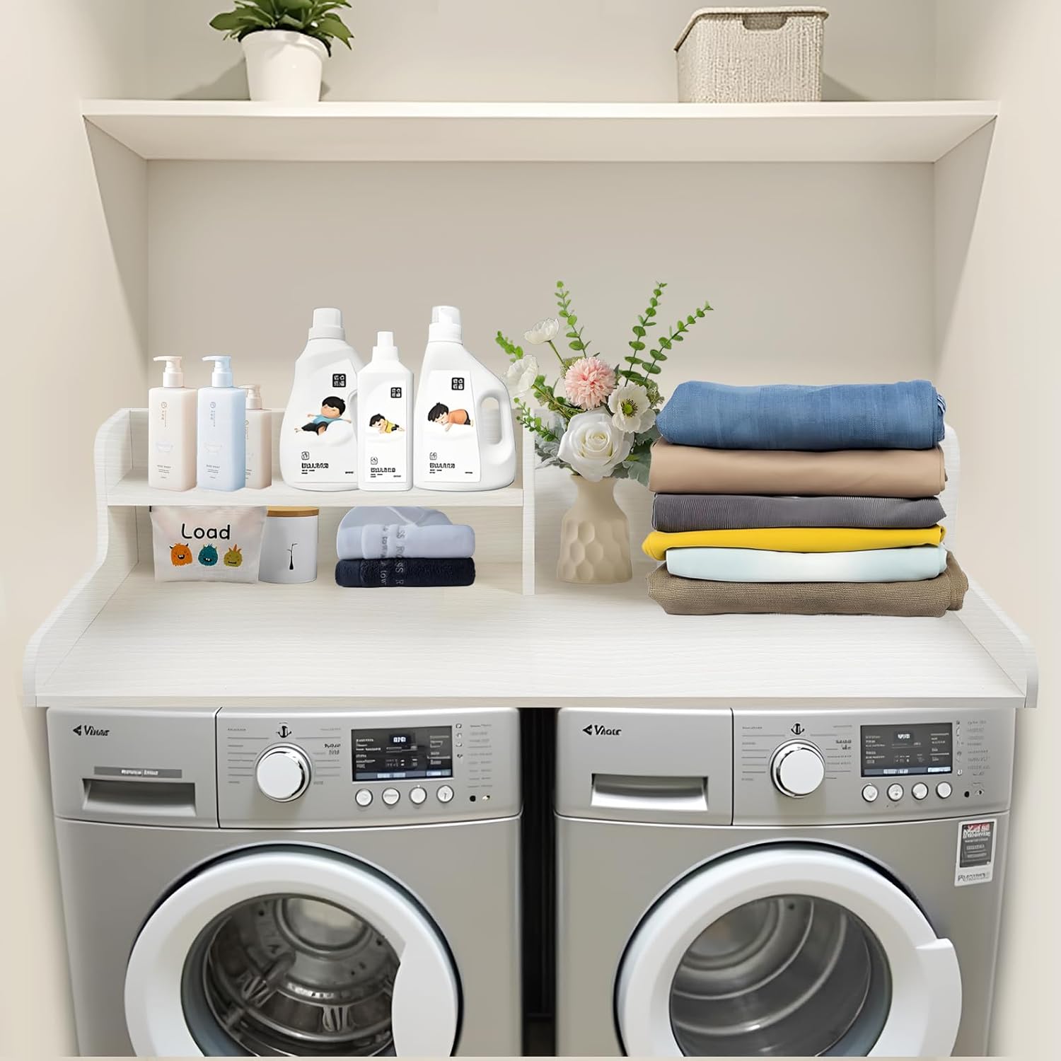 MINGRUIYUWasher Dryer Countertop Shelf – Extra-Wide 2-Tier Laundry Organizer, Over-Washer Storage Topper with Protective Edge White 58