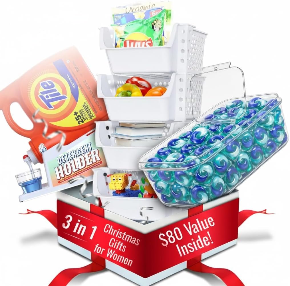 Skywin 3 in 1 Laundry Room Organization Kit – Stackable Storage Bins, Laundry Detergent Holder Stand & XL Pods Container, Durable Home Organizer Set and Thoughtful Gift for Women, Moms & Home Lovers