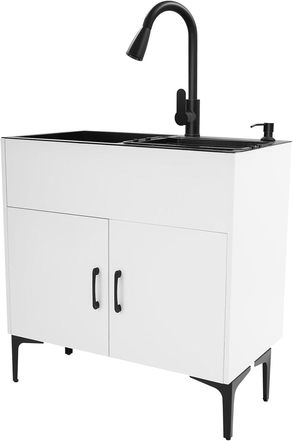 30 Inch Laundry Sink with Cabinet and Retractable Spray Faucet, Stainless Steel Multifunctional Kitchen Sink Cabinet with Drain Basket, for Laundry Rooms, Kitchens, Basements, and Bathrooms (White)