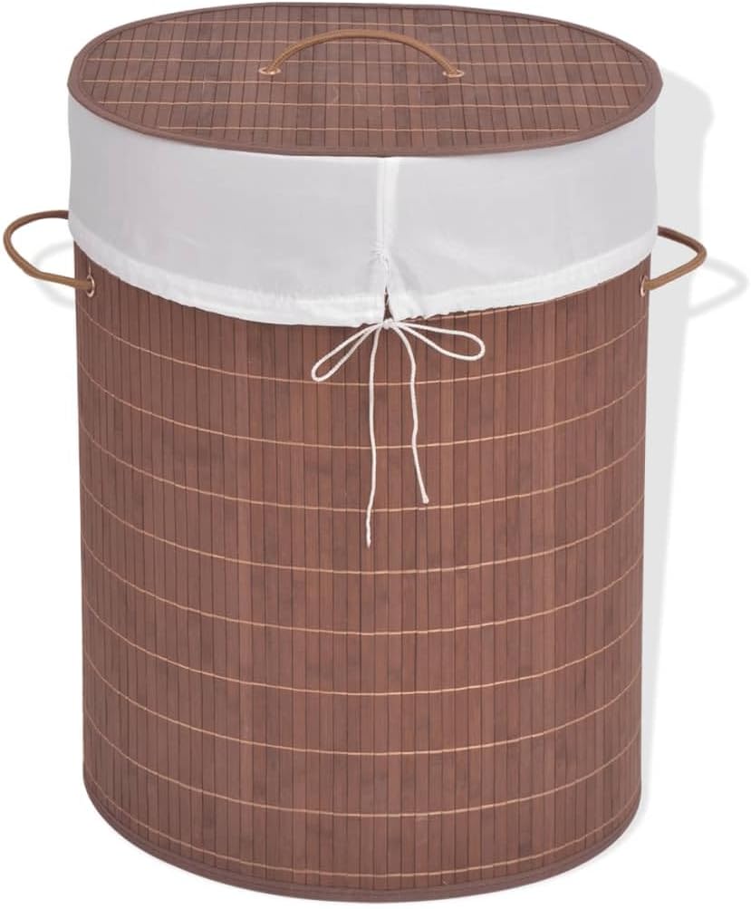 Bamboo Laundry Bin Oval Brown with Removable Polyester Liner, Foldable Storage Basket for Clothes and Household Organization, 1 Piece