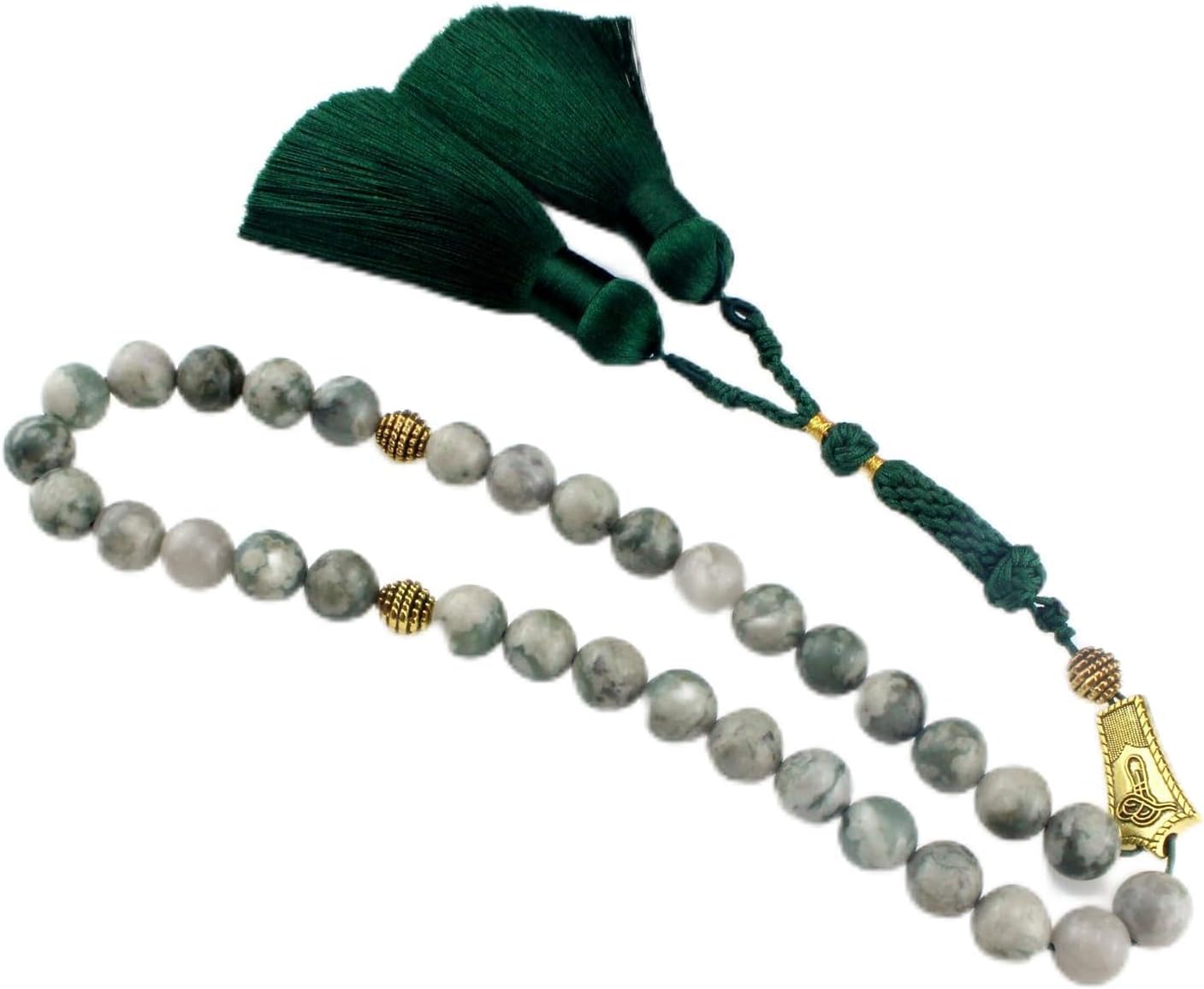 Muslims Islamic 33 Dhikr Tasbeeh Tasbih Prayer Beads, Light Green Jade Stone Beads with Tassel
