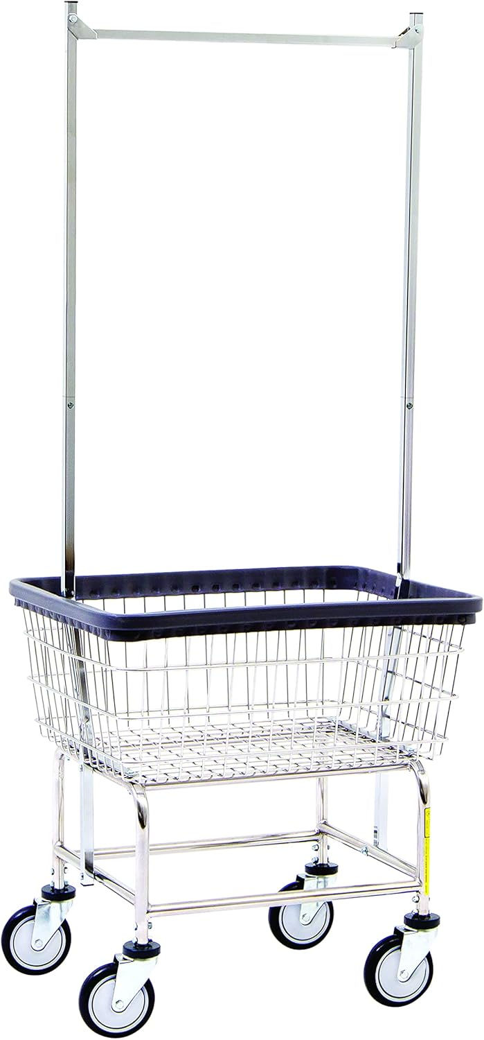 R&B Wire® 100E58 Heavy Duty Wire Laundry Cart with Double Pole Rack | 2.5 Bushel | Steel Frame with Chrome Finish | Commercial Laundry Basket | Industrial Bumper | 5