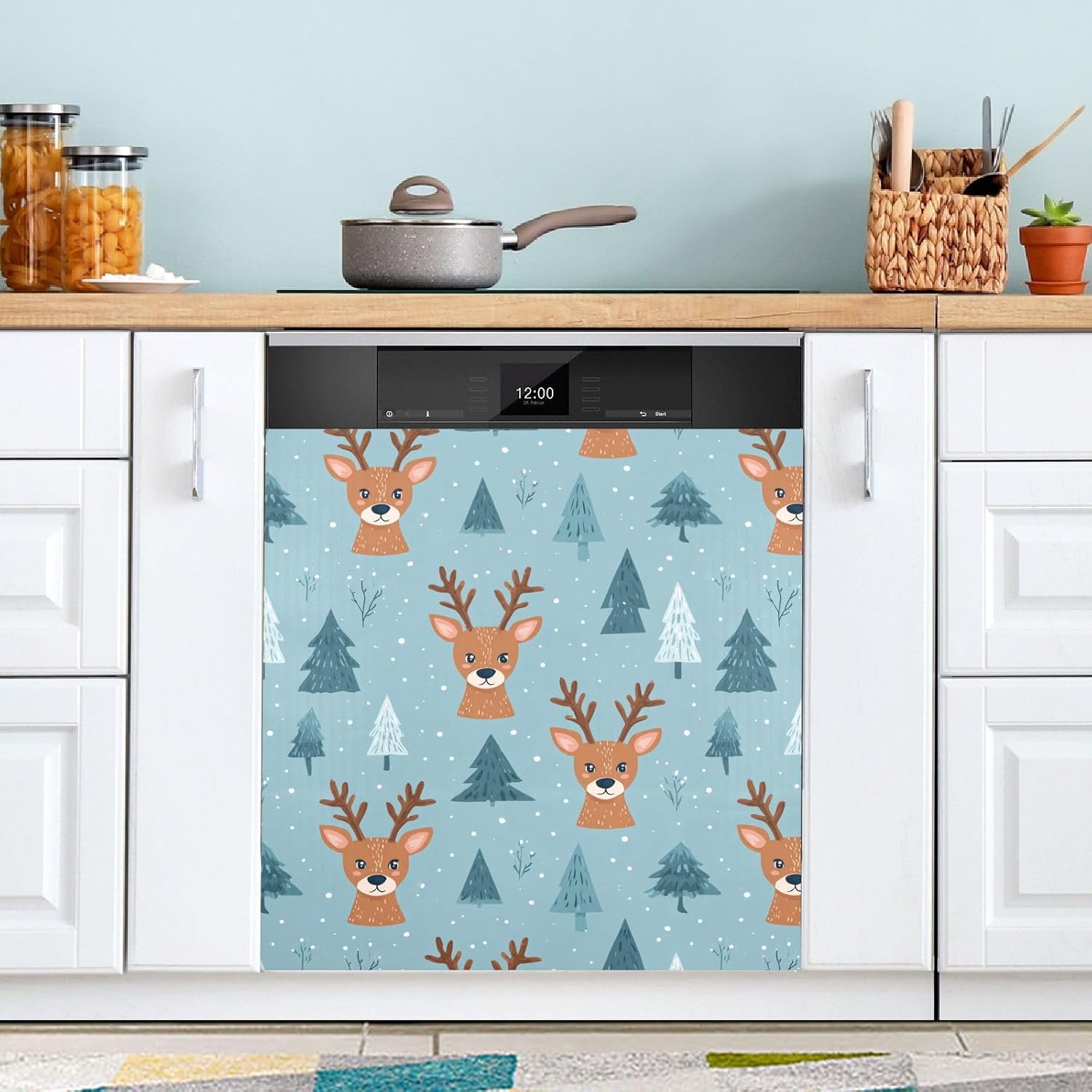 Pfrewn Christmas Winter Magnetic Dishwasher Cover Cute Deer Winter Animal Tree (1) Fridge Door Covers Kitchen Decal Vinyl Panel Decorative Refrigerator Laundry Appliances 23x26in