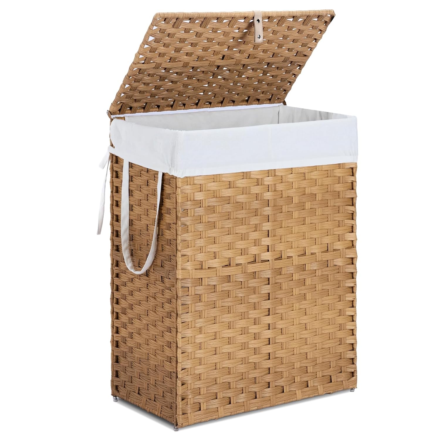 Elevon 90L Laundry Basket with Lid, Hand-Woven Pp Rattan Laundry Hamper with Compartments & Handles, Foldable, Large Capacity Clothes Basket with Removable Liner for Bathroom, Pale Yellow