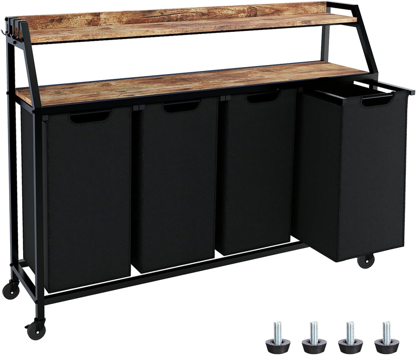Laundry Hamper, Laundry Sorter with 4 Section, Rolling Basket with Wheels, 2 Shelves, 4 14.5 Gal, Pull-Out and Removable Oxford Fabric Bags for Laundry Room, Black and Rustic Brown