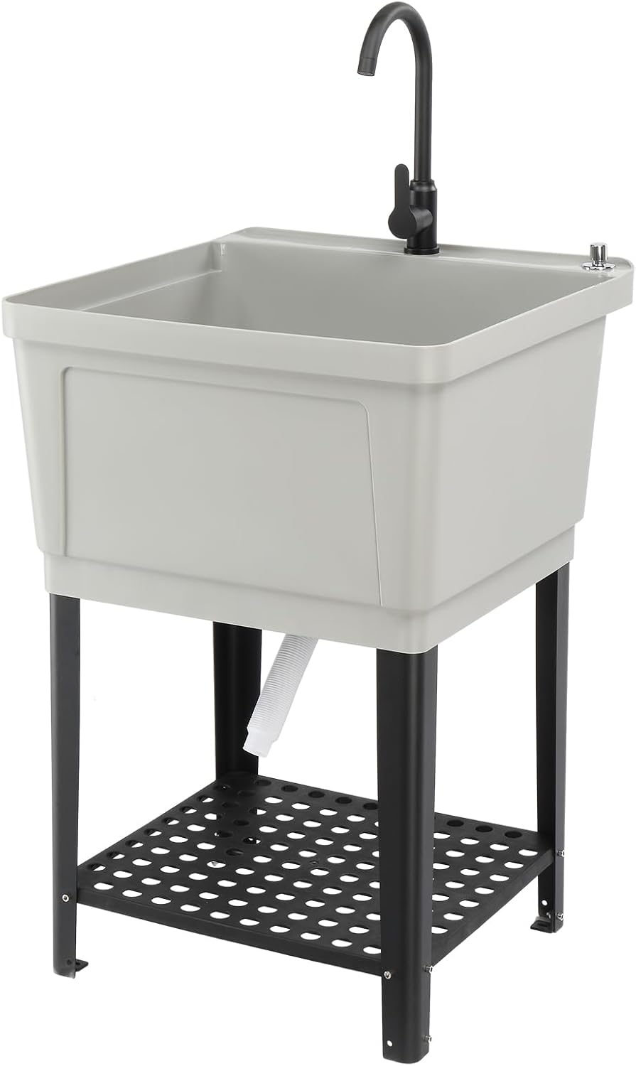 ROVSUN Plastic Utility Sink, Freestanding Sink with Hot&Cold Faucet, Soap Dispenser, Drain Plug and Iron Legs with Storage shelf, Perfect for Basement, Laundry Room, Garage (Grey)