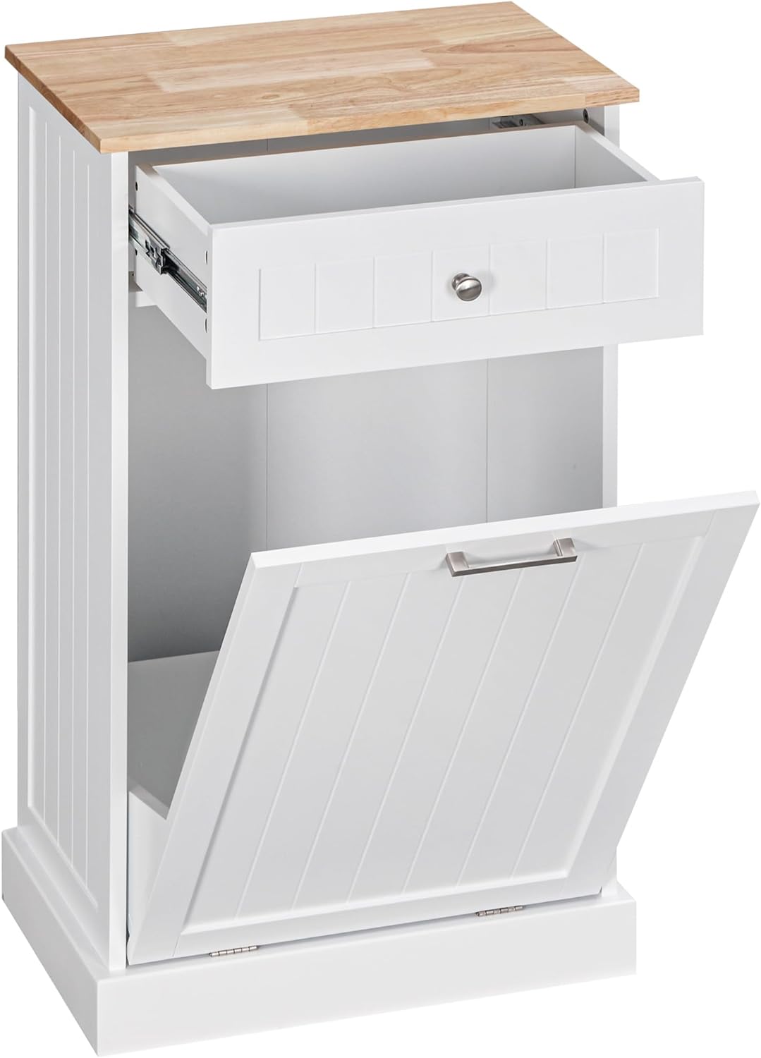 Kitchen Tilt-Out Trash Bin Cabinet Free-Standing Recycling Cabinet with Drawer White - Pet-Safe Anti-Tip, Oak Top MDF, Multiuse Laundry Hamper and Appliance Stand