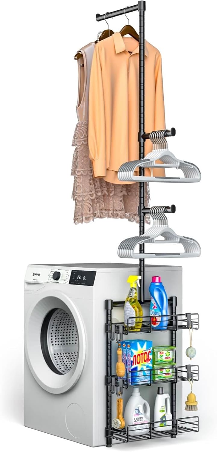 Laundry Room Shelves - Over The Washer and Dryer Storage Shelf, Laundry Hanging Rod with Basket and Hanger Organizer for Laundry Room Organization