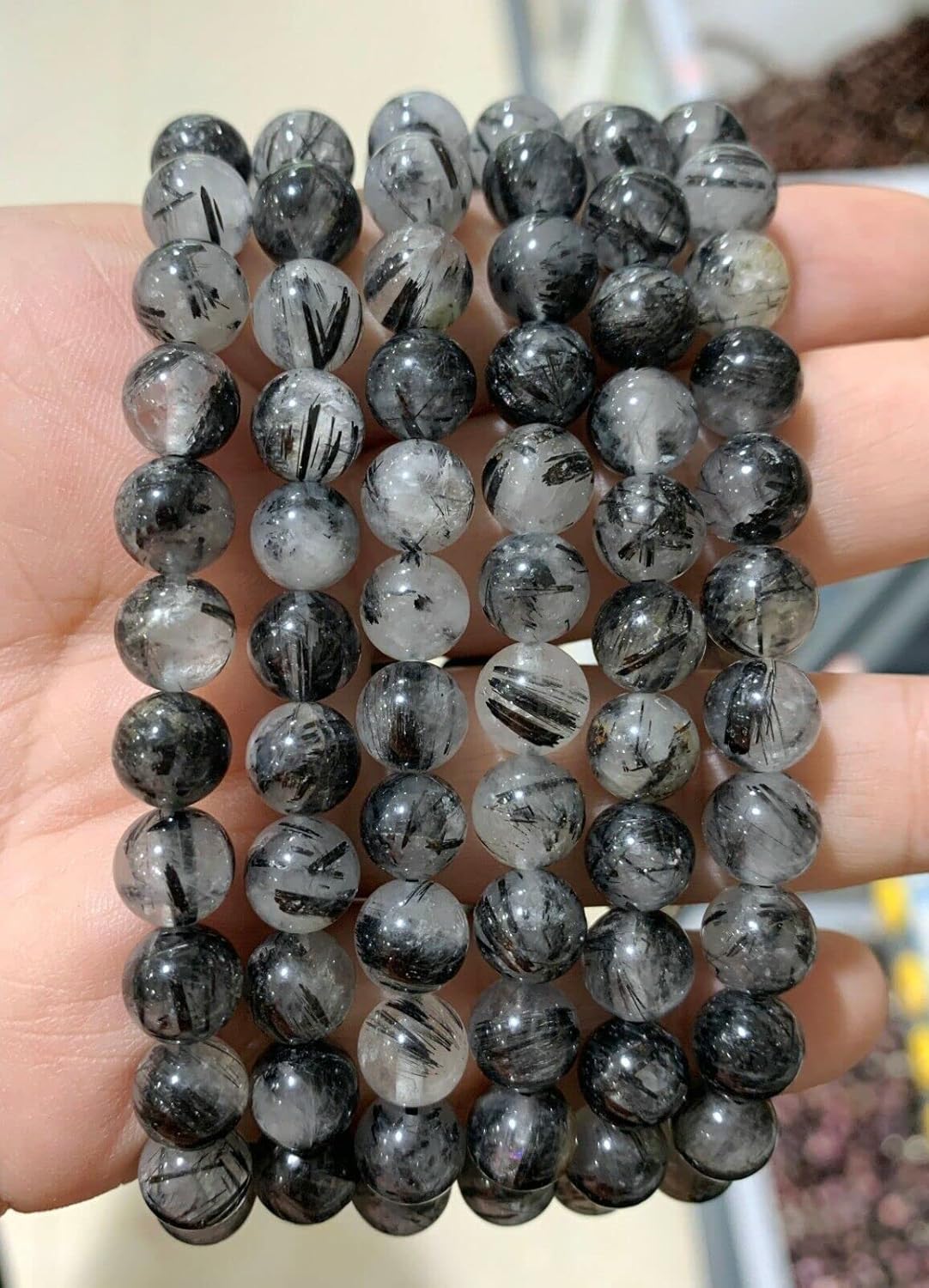 NOVAGEM 6 Pcs Natural Black Hair 8Mm 7.5” Crystal Healing Stretch Bracelet K8793