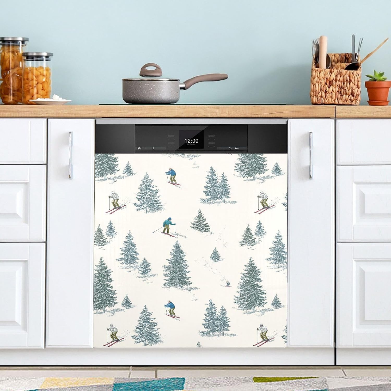 Pfrewn Christmas Winter Magnetic Dishwasher Cover Winter Sports Snowboarders and Skiers (4) Fridge Door Covers Kitchen Decal Vinyl Panel Decorative Refrigerator Laundry Appliances 23x26in