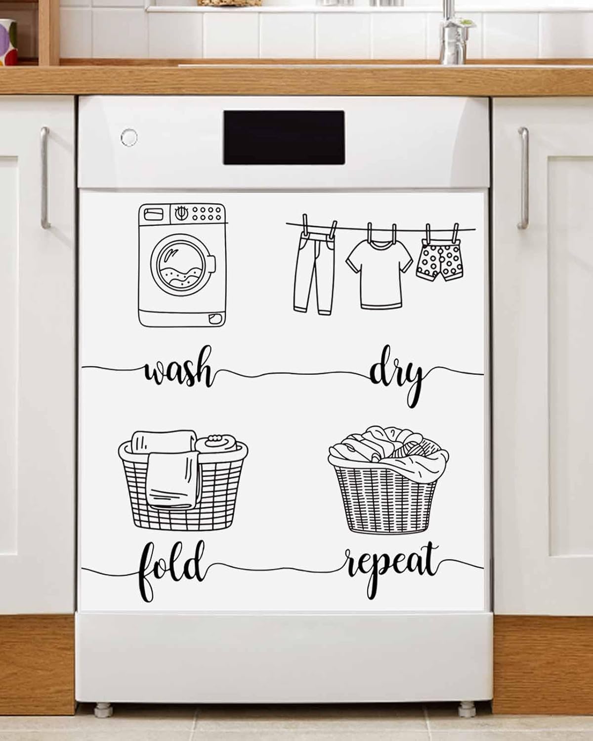 Laundry Room Dishwasher Magnet Cover, Decorative Magnet Sticker for Home Kitcen Appliance, Cartoon Wash Dry Fold Repeat Simple Lines Art Dishwasher Covers Refrigerator Magnets Panel 23