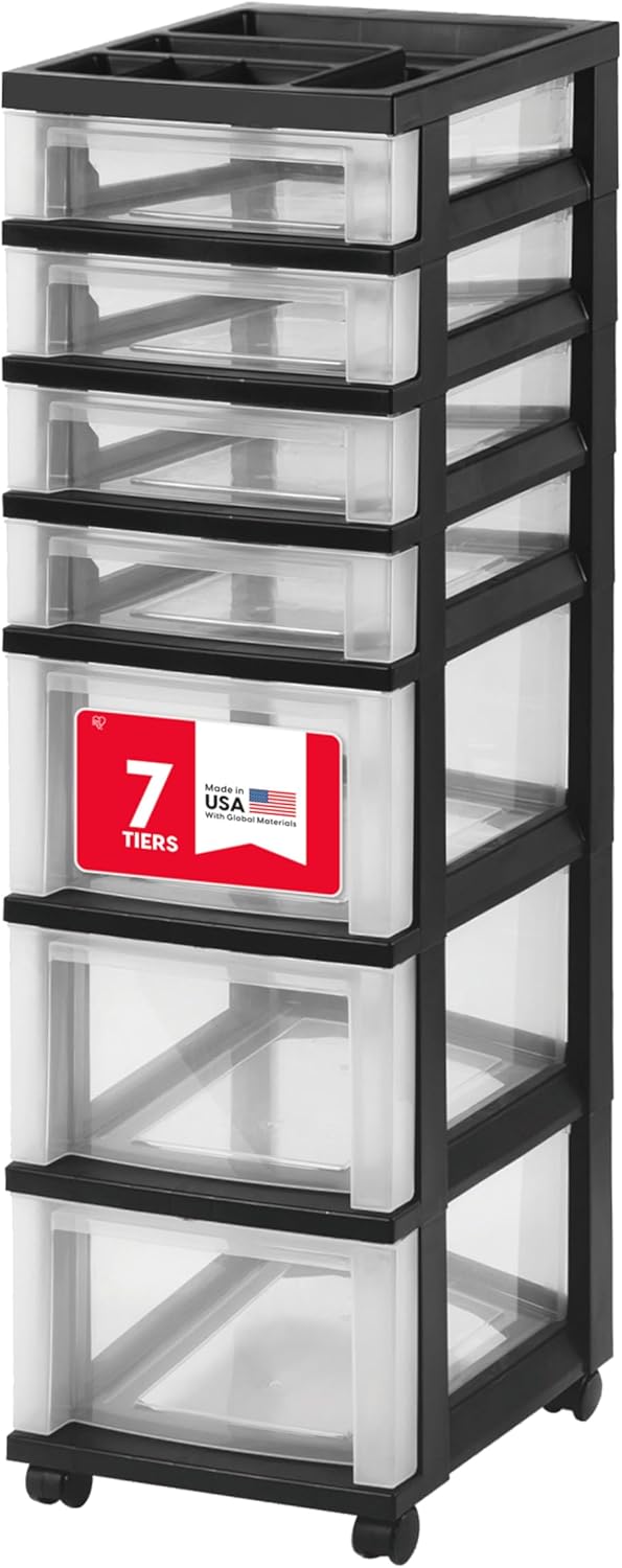 IRIS USA Plastic Drawer Storage Organizer Rolling Cart, with Wheels Casters, 7-Drawers, for Classroom Art Craft Supplies Dresser Closet Bathroom Laundry Room, Black/Clear