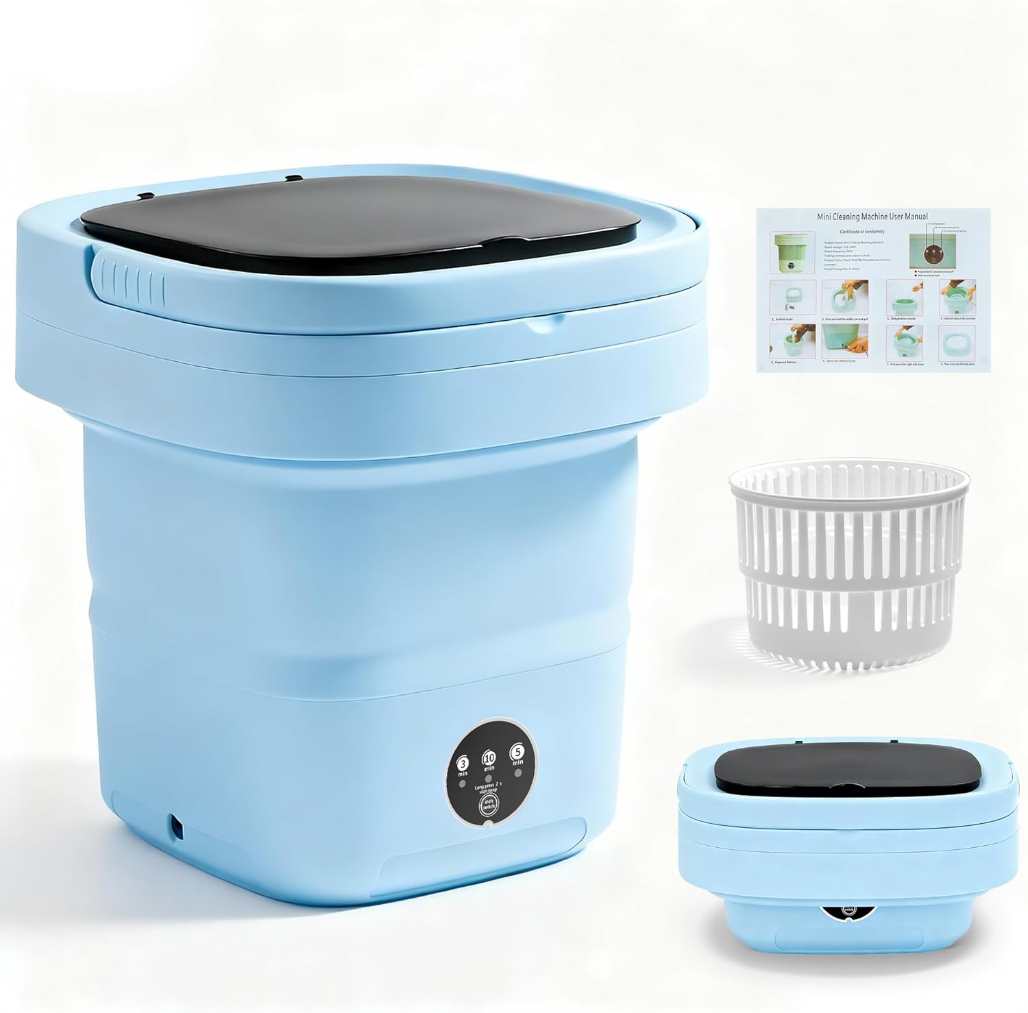Blue Portable Washing Machine, Mini Washer, 16L Upgraded with Spin Basket, Foldable Design Ideal for Apartment, portable washer 3 Cleaning Modes Suitable for Small Clothes