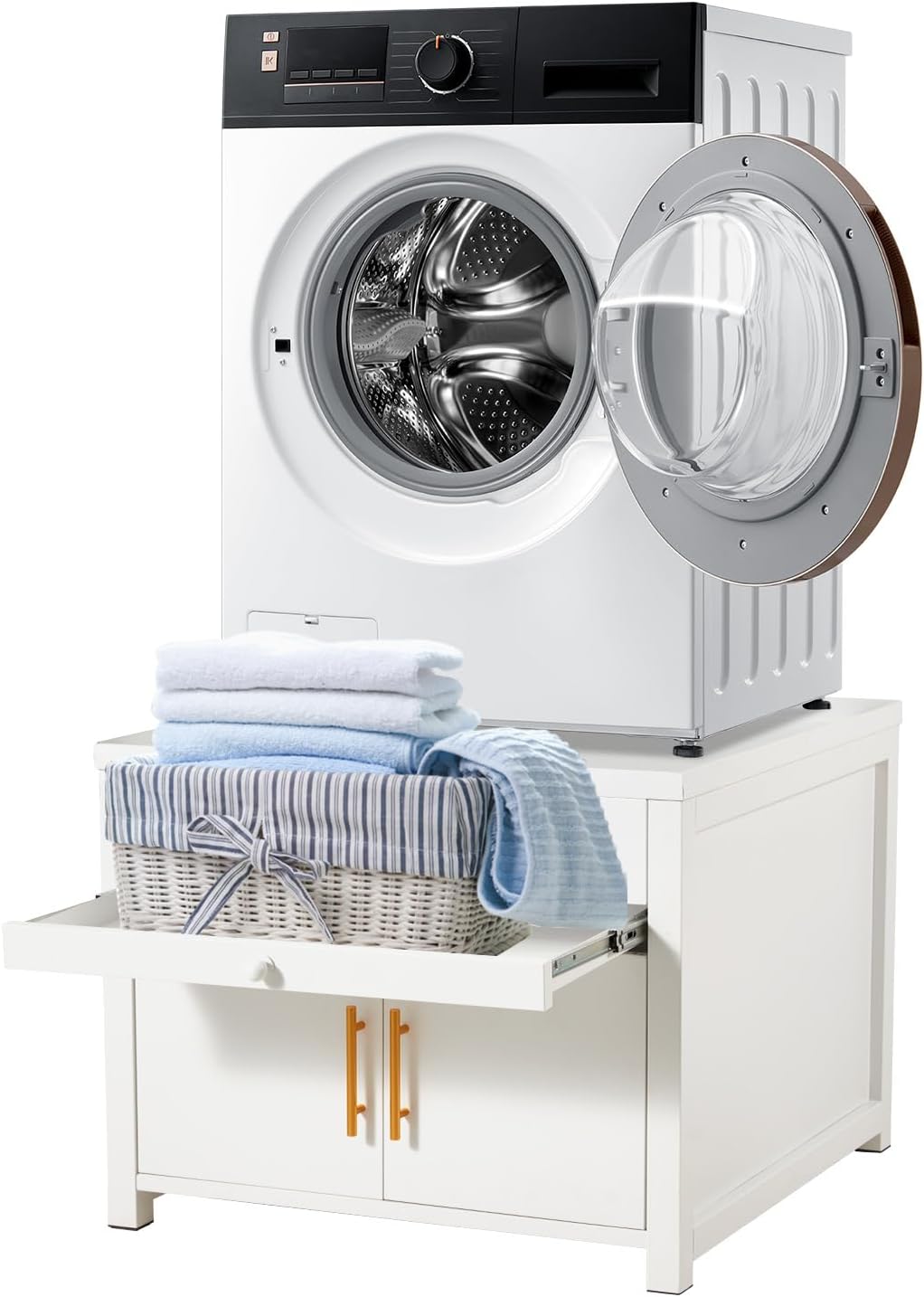 Laundry Pedestal, 700 LBS Capacity Washer Dryer Pedestal, Heavy Duty Shock-Proof Washer Stands, Washer and Dryer Stand with Pull-Out Shelf Hidden Storage Drainage (White)