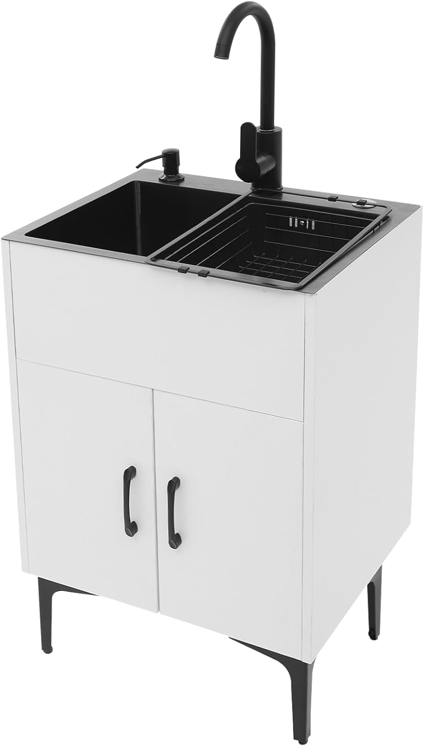 20-Inch Laundry Sink with Cabinet & Hot/Cold Faucet, Freestanding Kitchen Sink Cabinet with Stainless Steel Sink & Soap Dispenser, White Cabinets with Sinks for Laundry&Utility Room