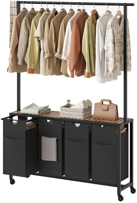 Laundry Sorter 4 Section, Rolling Laundry Hamper with Hanging Rack, Laundry Sorter with Wheels, Hampers for Laundry, Laundry Basket Organizer for Laundry Room, Rustic Brown LS47BR