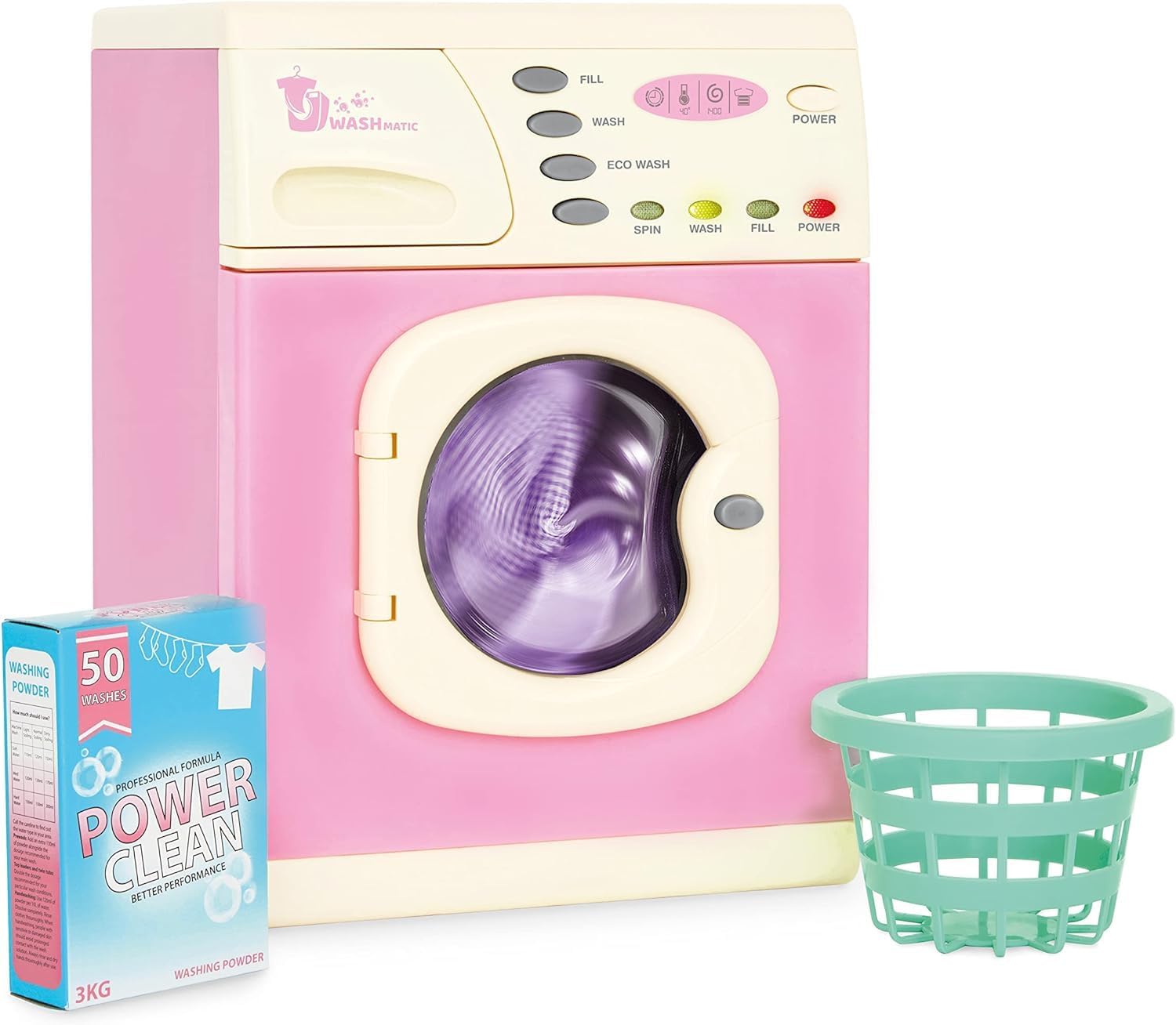 Casdon Pink Washer | Pink Toy Washing Machine for Children Aged 3+ | Features Spinning Drum & Sound Effects for Realistic Play!