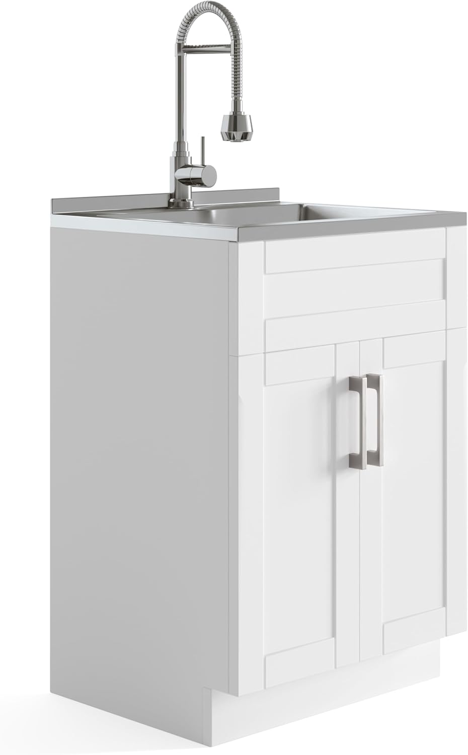SIMPLIHOME Hennessy All-in-One 24 inch Wide Utility Sink and Laundry Cabinet in Pure White Finish, Transitional Stainless Steel Sink Cabinet for Laundry Rooms with High-Arch Chrome Faucet and Storage