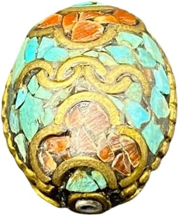 23X13mm Handcrafted 7g Natural Nepalese Tibetan Brass Bead with Turquoise & Coral Inlay – Vintage Ethnic Dzi Style Oval Bead for,Loose Beads,Jewelry Making
