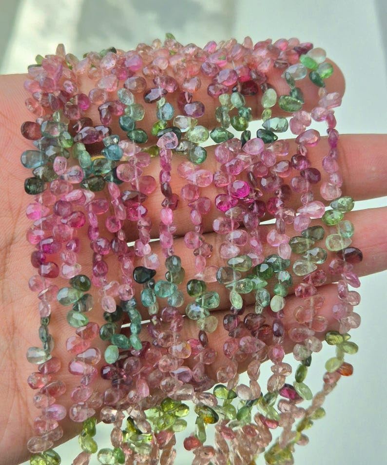 Natural Multi Tourmaline Faceted Pear Shape Beads, Pink and Green, 5x7mm, 8 Inch Strand, Semi-Precious Gemstone Jewelry Making Supplies