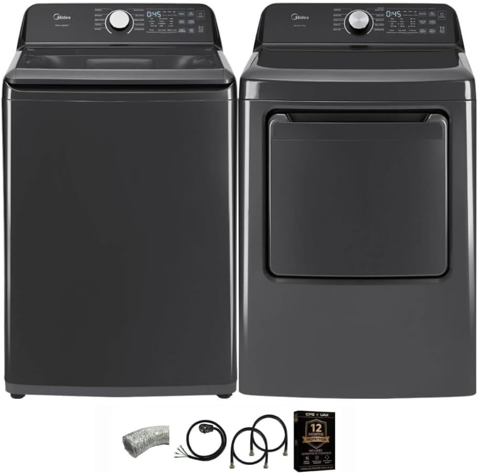 Midea Black Smart Laundry Pair 4.4 Cu Ft Top Load Washer and 7 Cu Ft Electric Dryer Bundle 10 Cycles 4 Temp Settings Dryer Vent Power Cable 12 Month CPS Plan White 27 Inch Wide Set