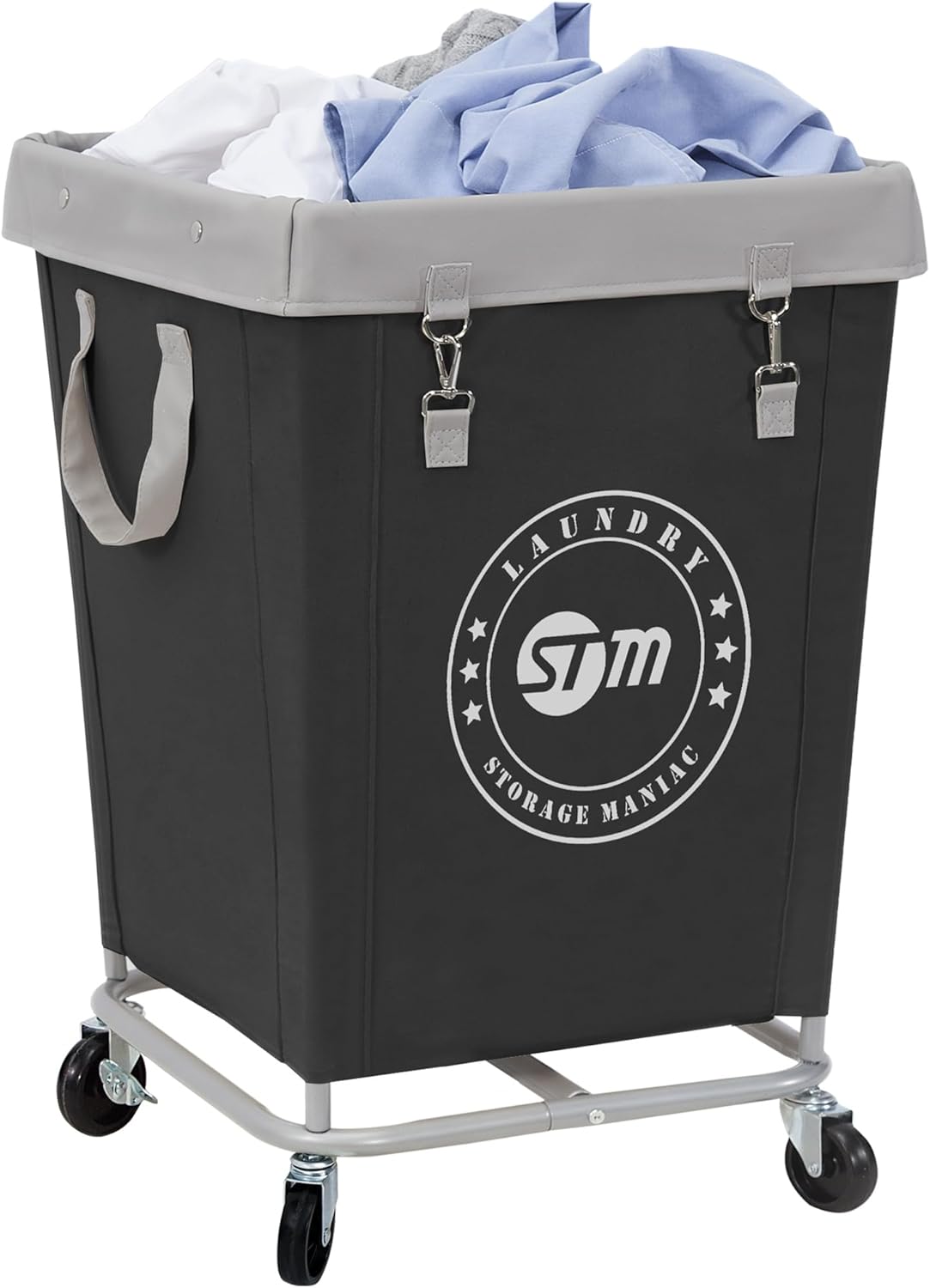 STORAGE MANIAC Commercial Laundry Hamper with Heavy Duty Steel Frame, 160 L Industrial Laundry Basket Cart with Wheels for Hotel, Home, Laundry Room, 17.72''L x 17.72''W x 30.91''H, Medium Black