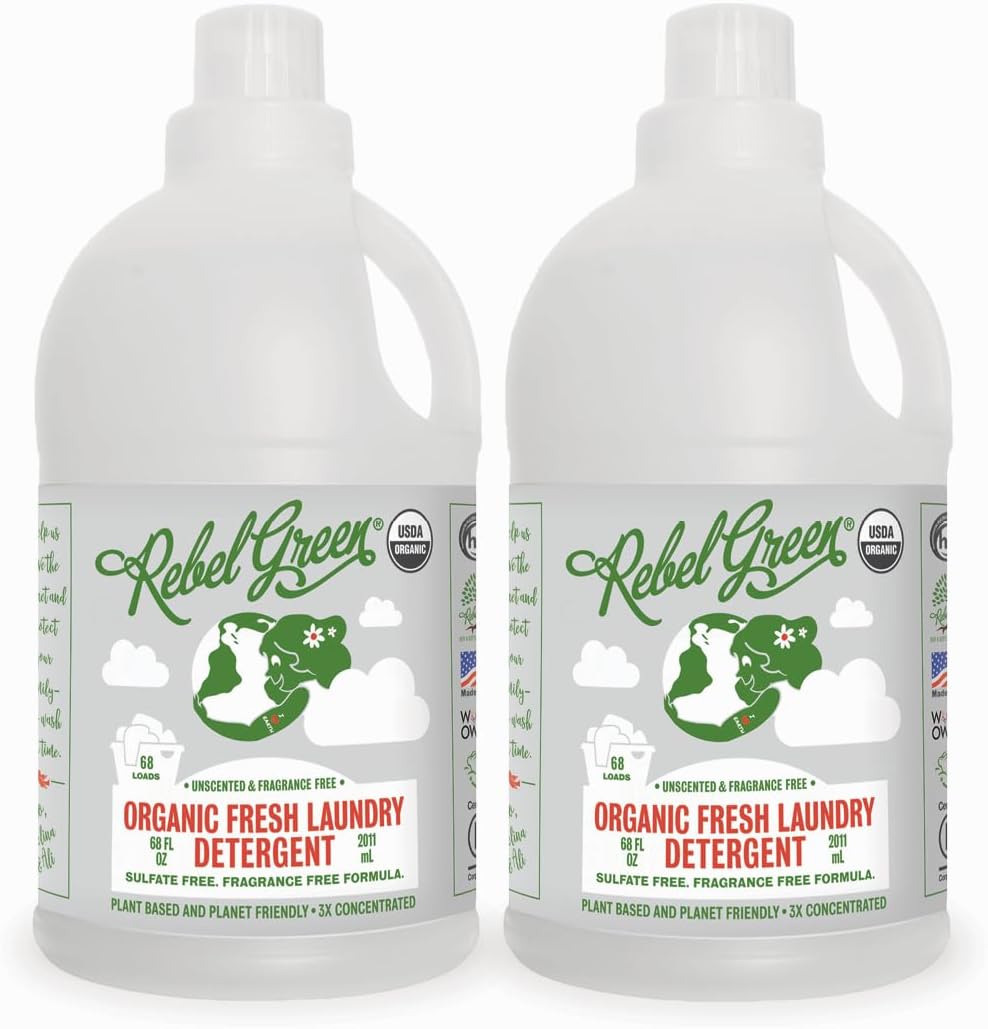 Rebel Green Organic Laundry Detergent - Natural Laundry Soap - Liquid Laundry Detergent with Dispenser Cup - Gentle Laundry Detergent - Fresh Unscented Soap - (68 Load Bottles, 2 Pack)