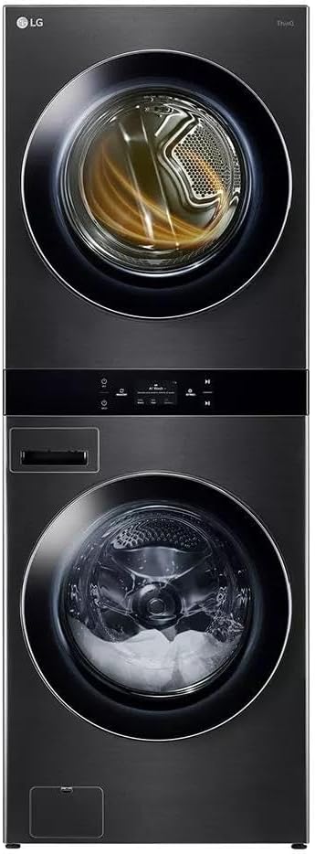 WashTower Stacked Smart Laundry Center 5.0 Cu.Ft. Front Load Washer & 7.4 Cu.Ft. Electric Dryer in Black Steel w/Steam