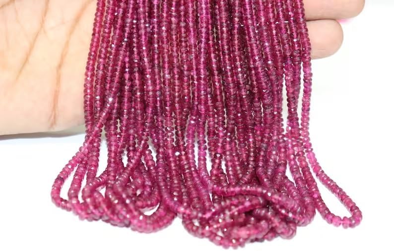 Natural Pink Tourmaline Faceted Rondelle Beads 3.5-4MM Rubellite Deep Color Tourmaline Beads Strand for Jewelry Making