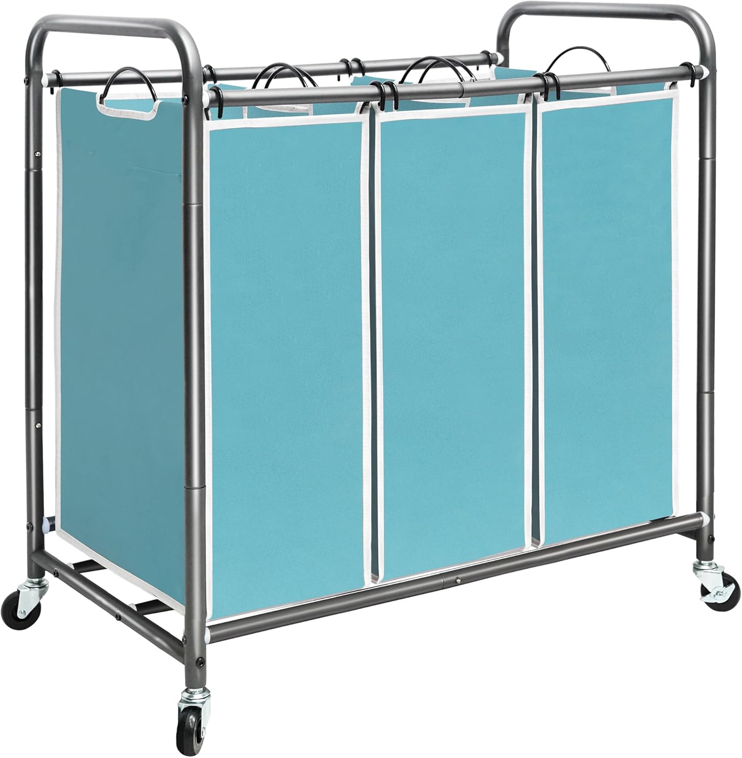 STORAGE MANIAC 3 Section Laundry Sorter, 35.9 Gal (136 L) Laundry Hamper Cart with Heavy Duty Rolling Lockable Wheels and Removable Bags, Clothes Organizer Basket Clothes Separator Hamper, Blue