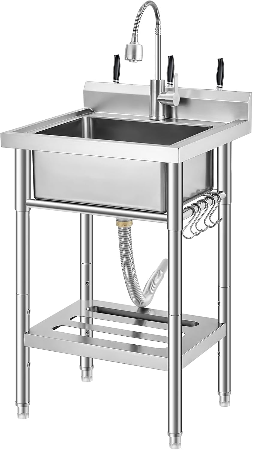 Commercial Stainless Steel Utility Sink with Faucet, Freestanding Laundry Sink with Adjustable Legs, Storage Shelf, Hooks, Backsplash, Hot & Cold Water for Kitchen, Garage, Outdoor, Farm