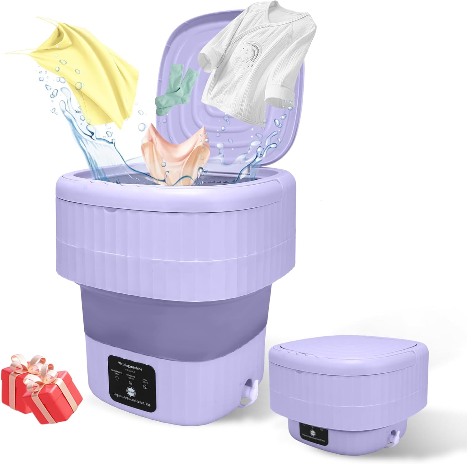 Portable Washing Machine, 9L Mini Foldable Washer with Spin Basket & 2 Cleaning Modes, Compact Laundry Machine for Home, Apartment, Hotel, Camping & Travel (Purple)