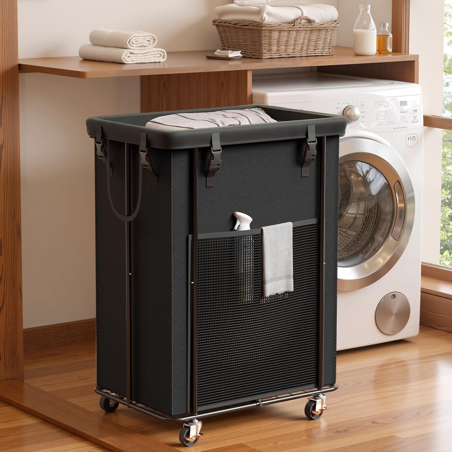 200L Laundry Hamper with Wheels, Rolling Laundry Basket with Metal Frame and Removable Bag, Large & Tall Dirty Clothes Hampers for Bedroom Aesthetic, Laundry Room, Bathroom, Dorm-Black