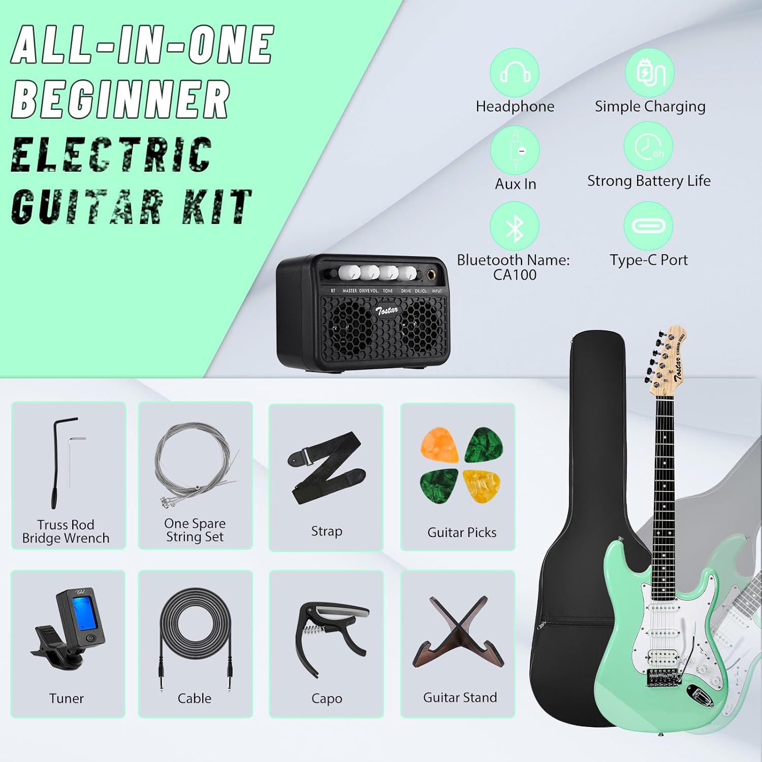 Tostar Electric Guitar Kit Black and Green 39