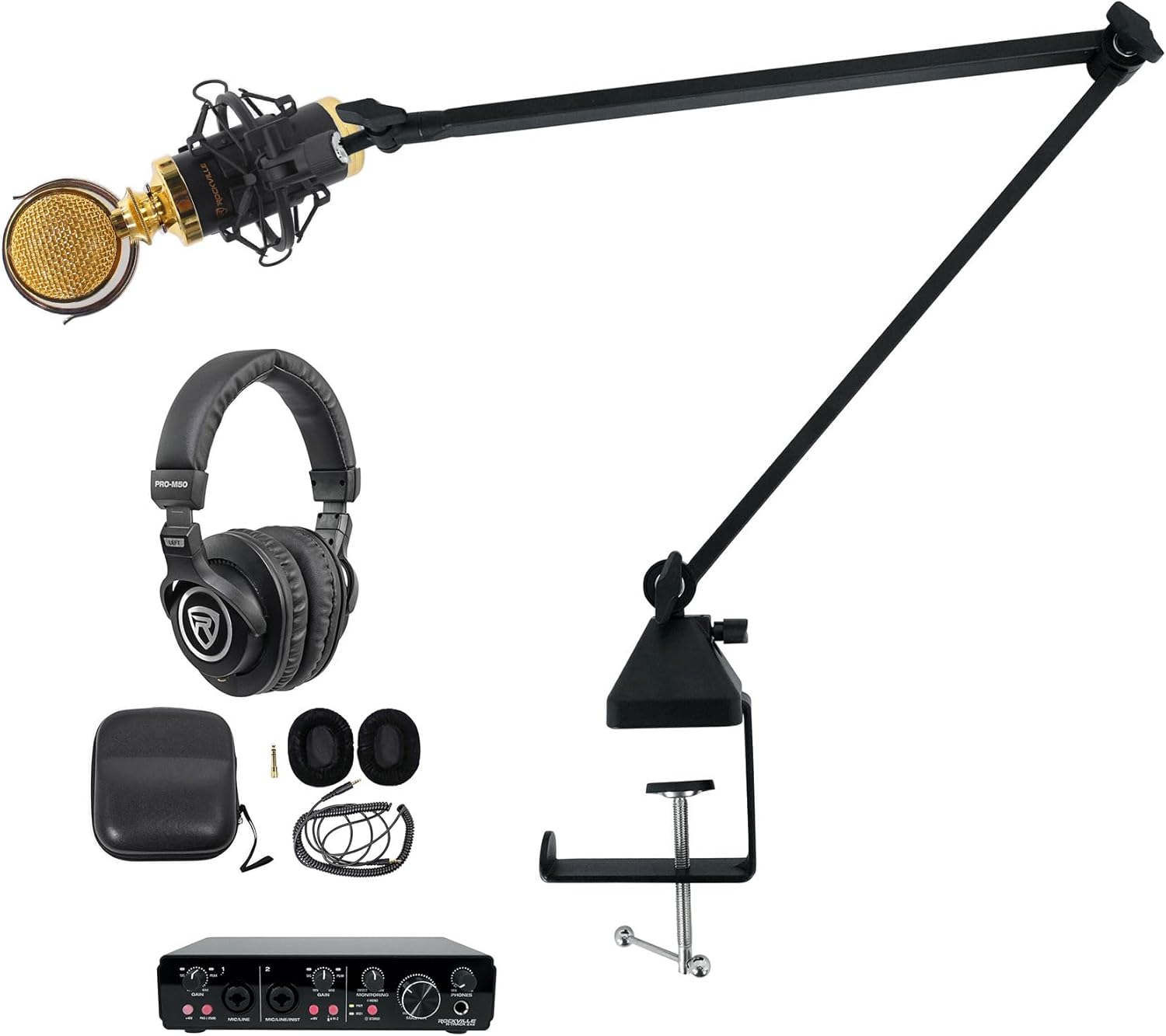 Rockville R-TRACK 2x2 Bundle: USB Recording Interface 24-Bit 192kHz with 2 Mic-Pres, RCM02 Condenser Microphone with Shock Mount, PRO-M50 Studio Headphones, R-BOOM 34 Boom Arm Stand, 4-items