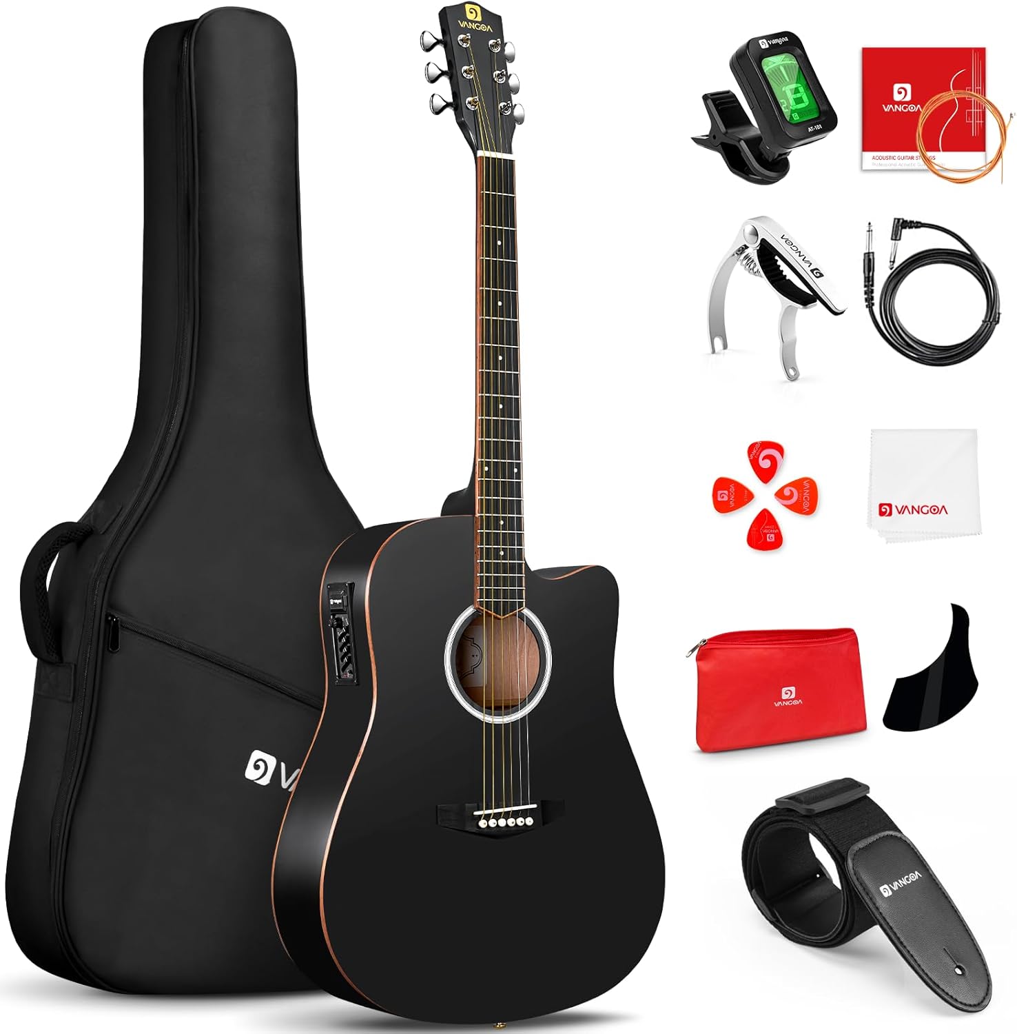Vangoa Electric Acoustic Guitar Full Size Cutaway Acoustic Guitar Bundle Guitarra Acustica with Pickup for Adults Teens Beginners, Matte Black