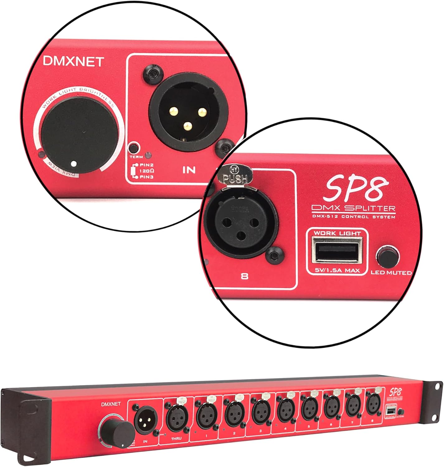 8-port Opto-Isolated DMX Splitter/Amplifier/Isolator, LED Indicator, USB Adjustable Work Light, DMX VIEW Function, Bulit-in Termination, XLR-3PIN,19 Inch Rack Mountable(RDM not Supported)