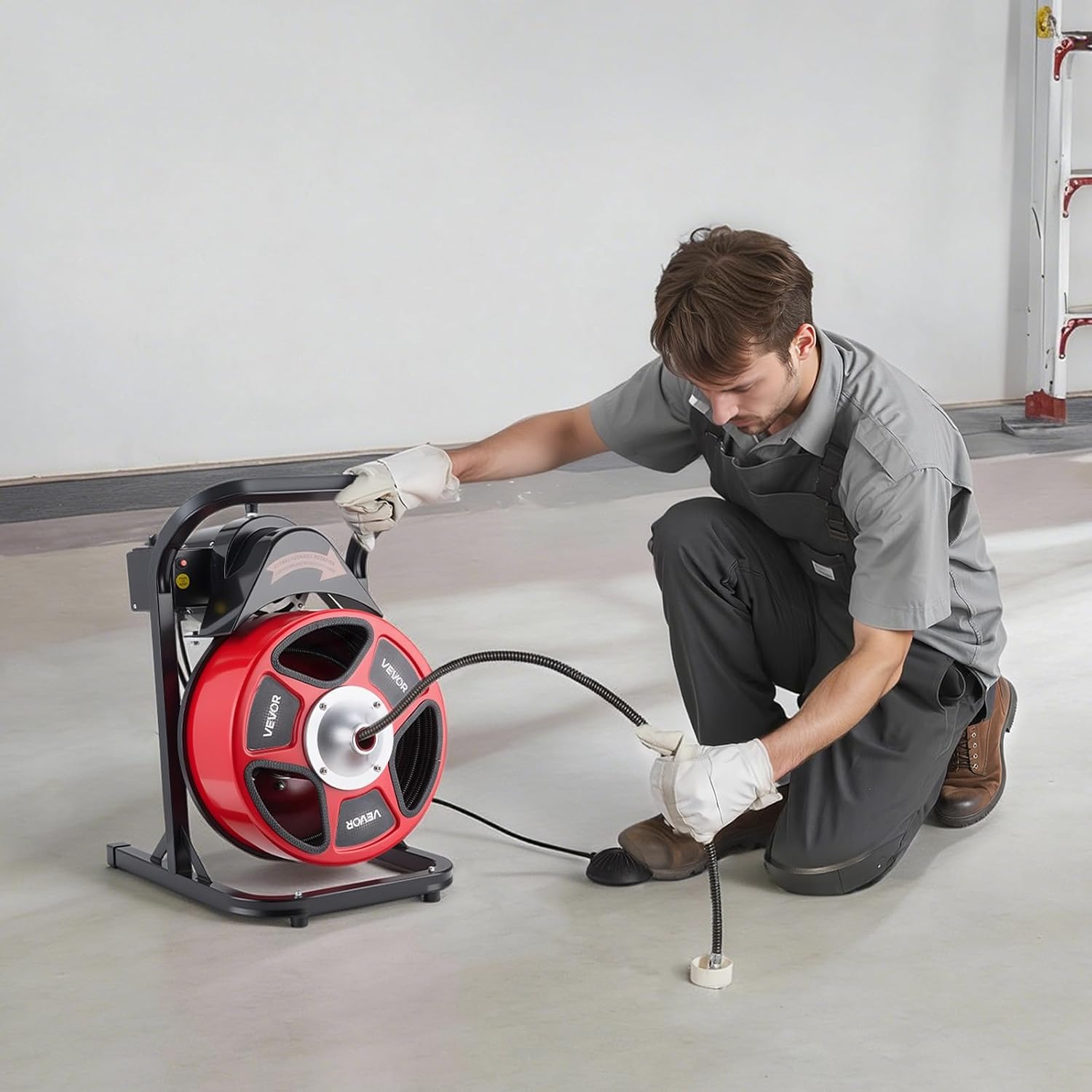 VEVOR Drain Cleaner Machine 50 FT x 1/2 Inch, Manual Feed Sewer Snake Auger with 4 Cutters & Air-Activated Foot Switch for 2