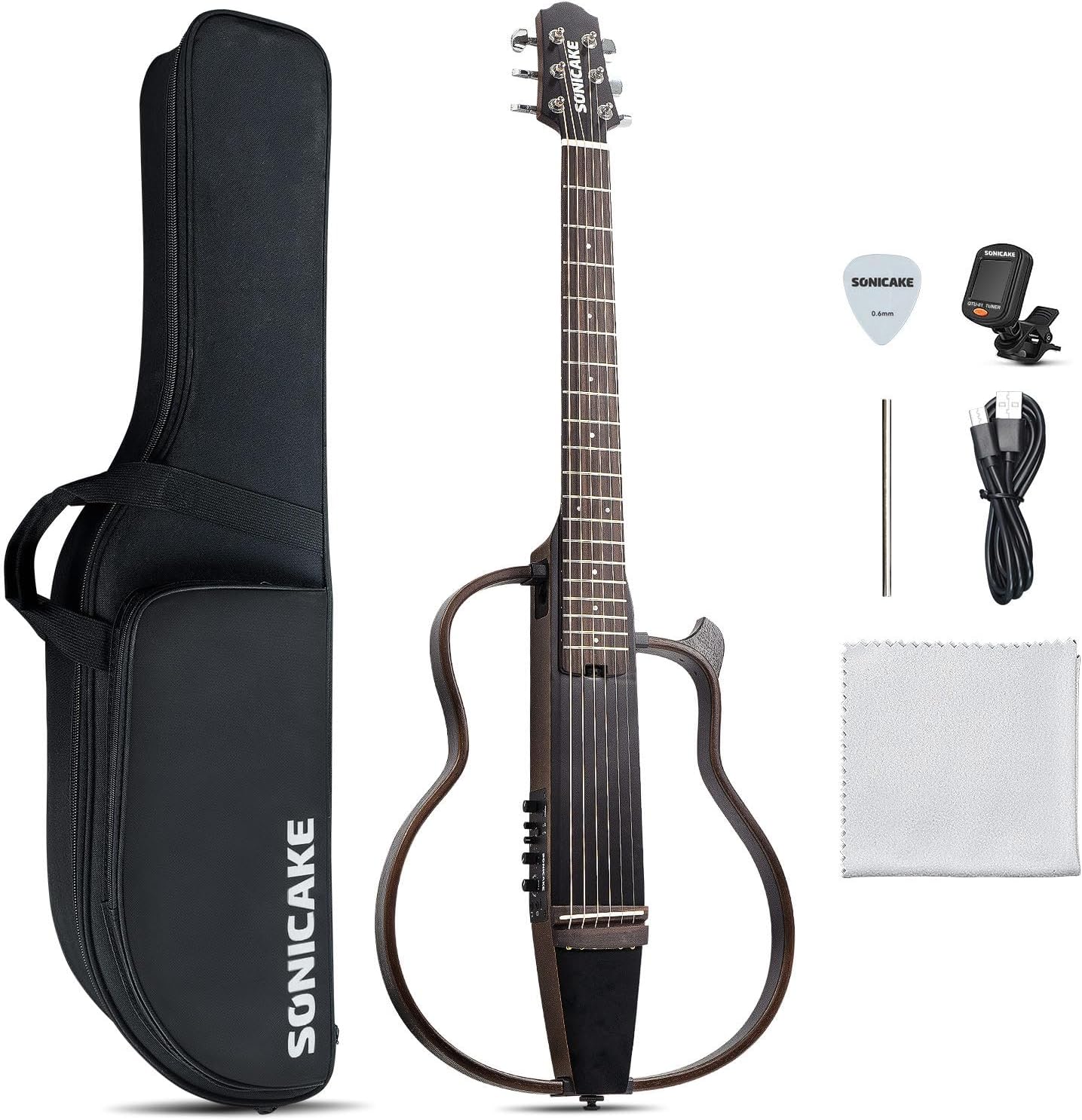 Sonicake Travel Guitar, Portable Acoustic-Electric Guitar Kit, Solid Mahogany Body Easy Assemble Frames, Multi Body-Shape Sim Rechargeable Preamp, Gig Bag, All Accessories QGT-01
