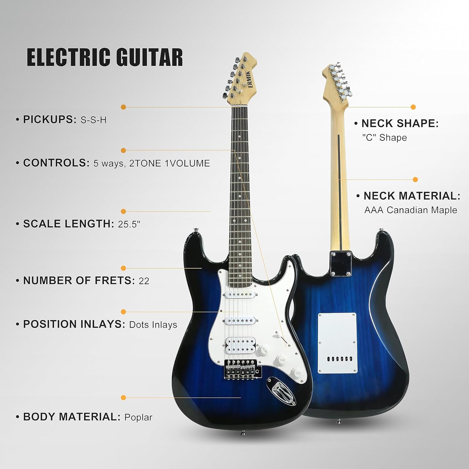 Ermik Soild Body Electric Guitar Kit with Amp 20W, Strings, Strap, Digital Tuner, Picks, Gig Bag, Cable, Tremolo Bar, 39